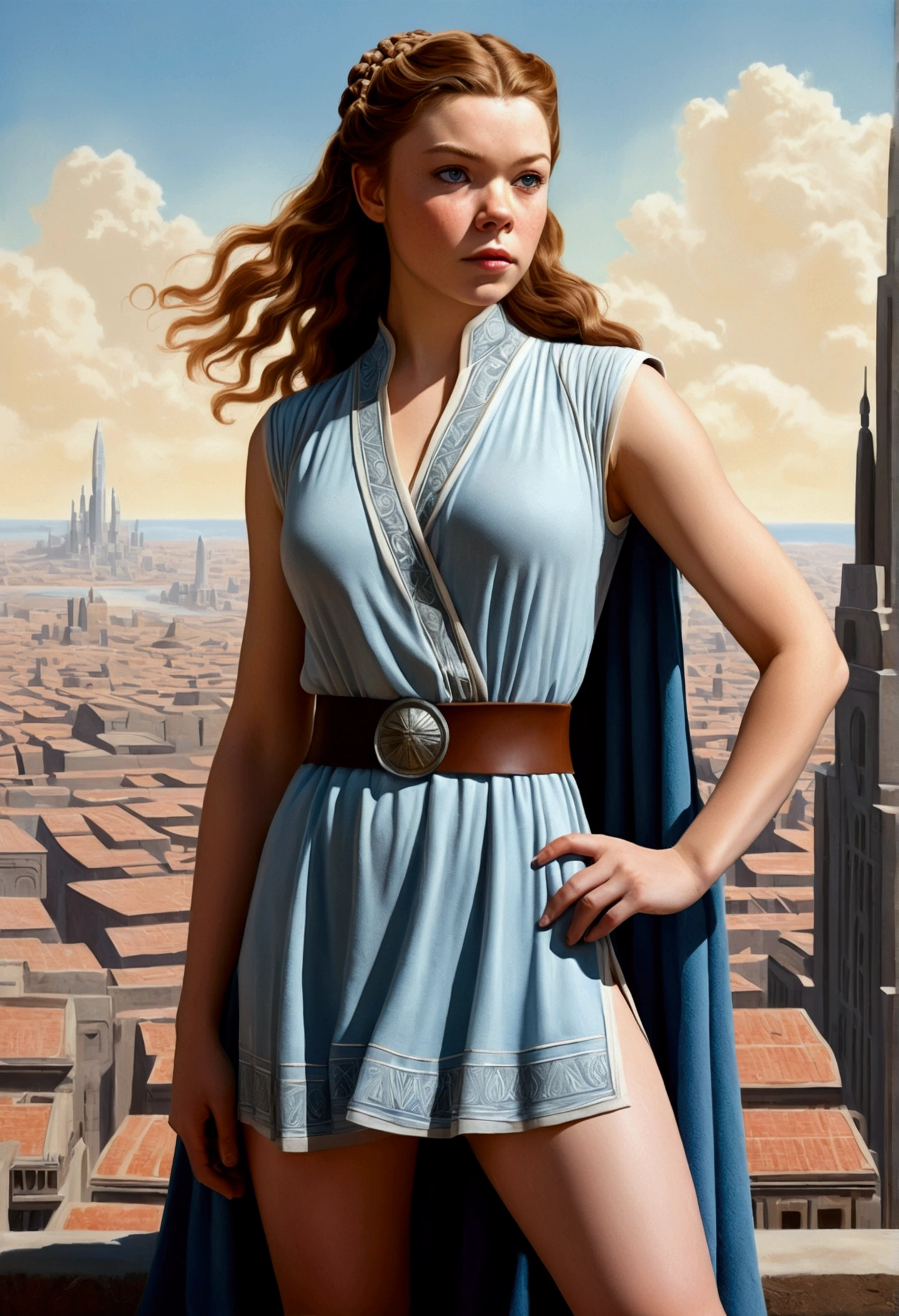 An illustrated movie poster, hand-drawn, full color, a age Jedi, 18-years-old, female, wearing a Sleeveless tunic, athletic hourglass figure, bustoms, fide hips, massive round butt, long sha legs, ridiculously thick powerful thighs, pale blue eyes, mousy brown hair, thick shaggy bangs, rosy sun-kissed complexion, freckles, resembles Margaery Tyrell, standing above Coruscant, graphite shading, stencil marks, airbrushed acrylic paint, masterpiece