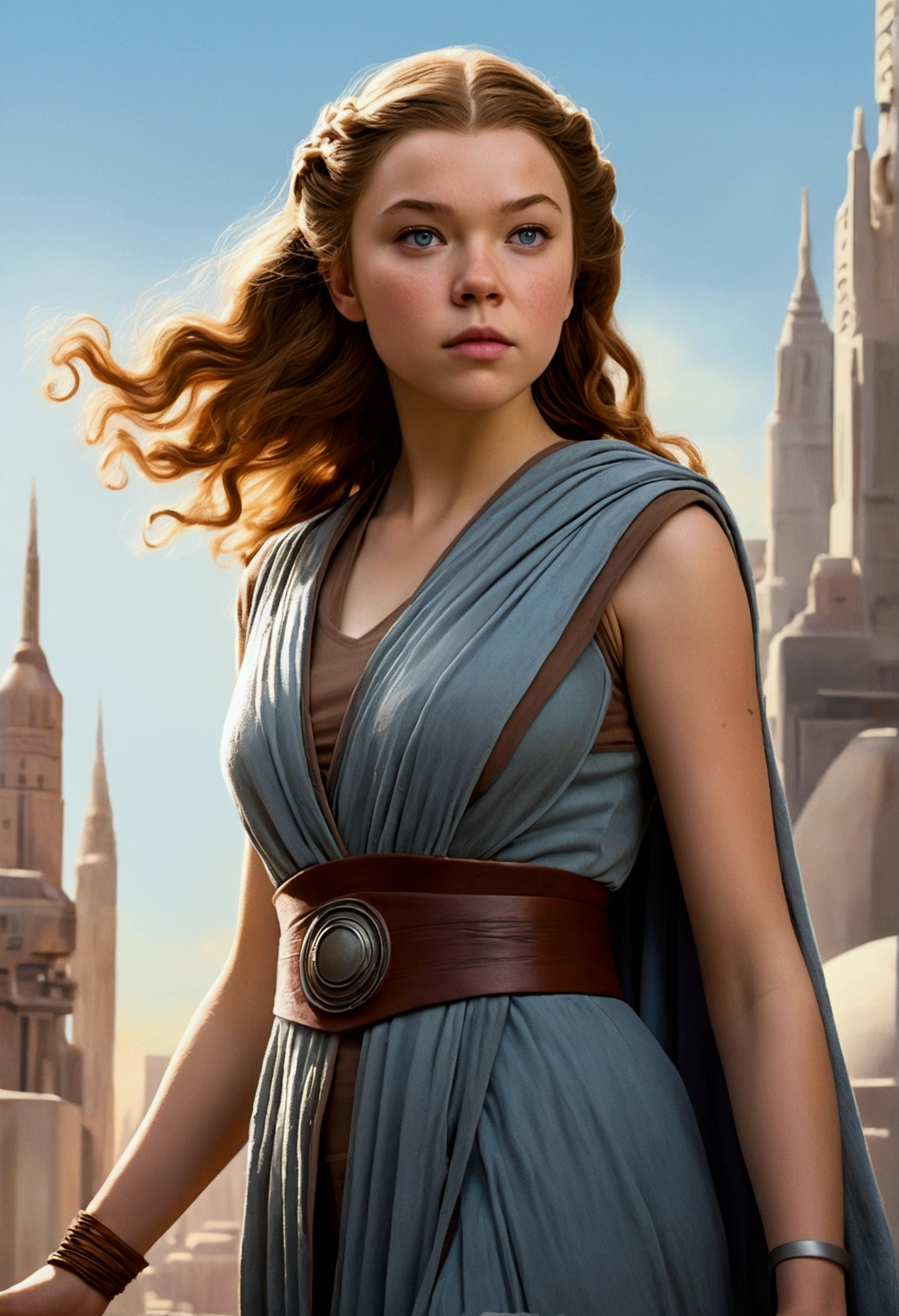 An illustrated movie poster, hand-drawn, full color, a teenage Jedi, 18-years-old, female, wearing a Sleeveless tunic, athletic hourglass figure, busty bosoms, full wide hips, massive round butt, long shapely legs, ridiculously thick powerful thighs, pale blue eyes, mousy brown hair, thick shaggy bangs, rosy sun-kissed complexion, freckles, resembles Margaery Tyrell, standing above Coruscant, graphite shading, stencil marks, airbrushed acrylic paint, masterpiece