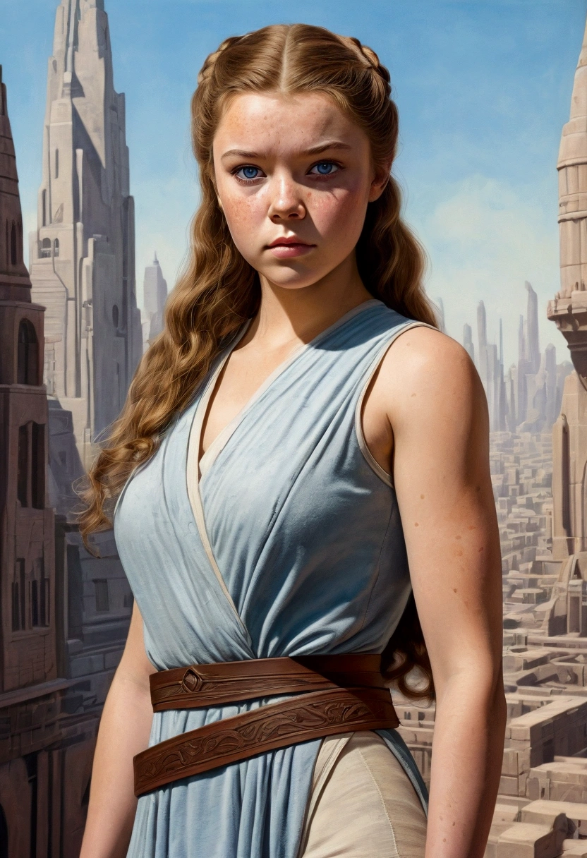 An illustrated movie poster, hand-drawn, full color, a age Jedi, 18-years-old, female, wearing a Sleeveless tunic, athletic hourglass figure, busty bosoms, full wide hips, massive round butt, long shapely legs, ridiculously thick powerful thighs, pale blue eyes, mousy brown hair, thick shaggy bangs, rosy sun-kissed complexion, freckles, resembles Margaery Tyrell, standing above Coruscant, graphite shading, stencil marks, airbrushed acrylic paint, masterpiece