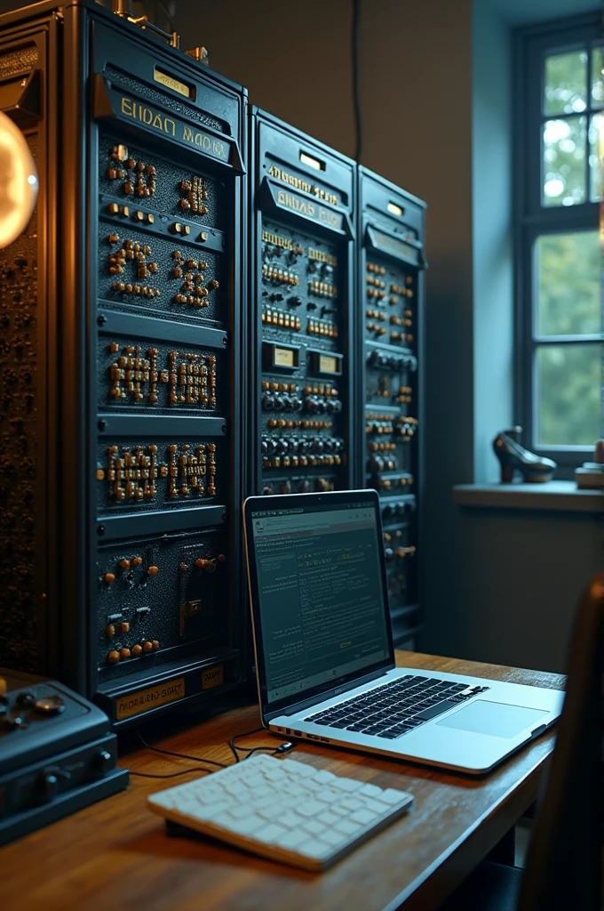 "A modern laptop placed next to an image of the ENIAC computer. The contrast should emphasize the difference in size and design, with the ENIAC taking up an entire room and the sleek laptop fitting comfortably on a desk."