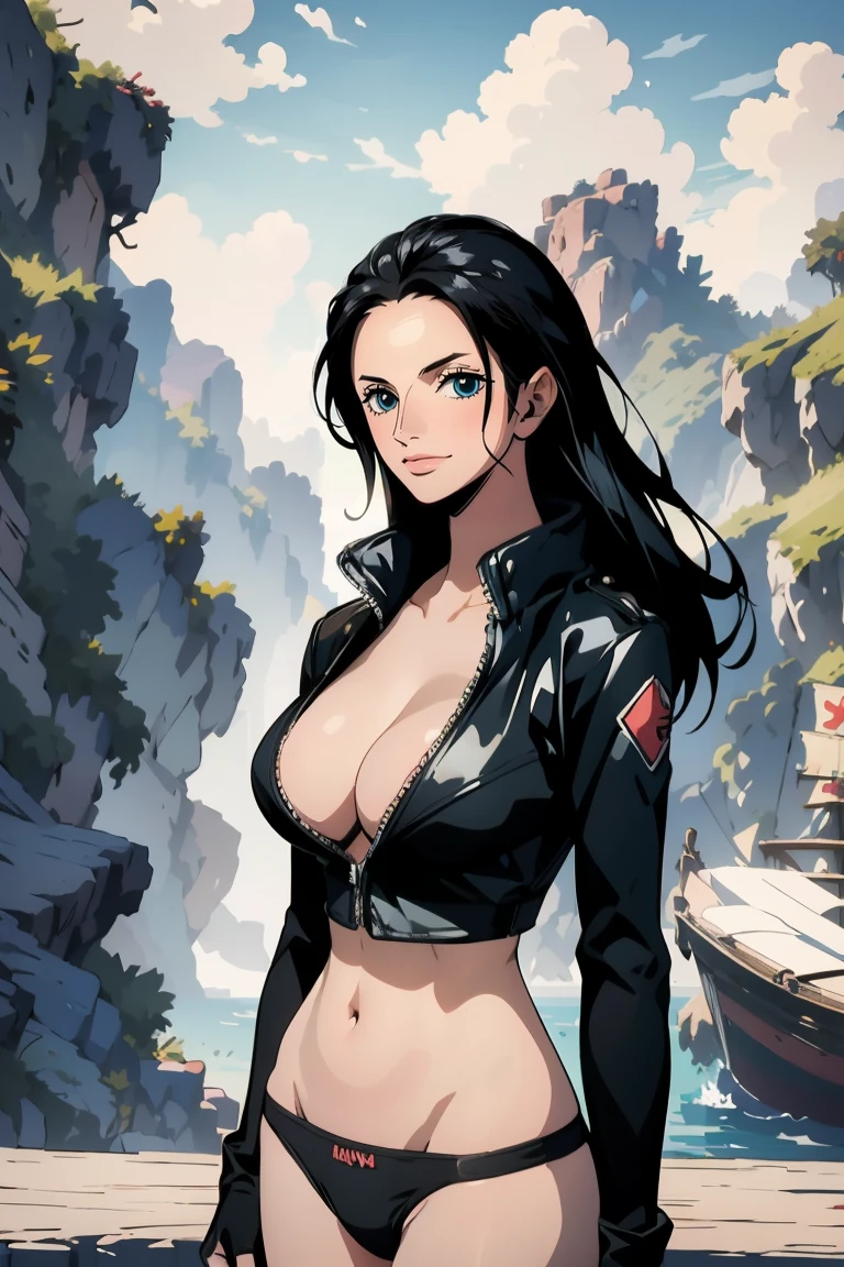 (Masterpiece), Best Quality, Expressive Eyes, Perfect Face, Hi-Res, (Maturity Level: 1.2), Adult, 1 Girl, Solo, Black Long Hair, Jacket,  Fingerless Gloves, Belly Button, Big Breasts cleavage, panties, smile, background is the voyage, particles, standing, portrait, looking at the viewer, from the front

