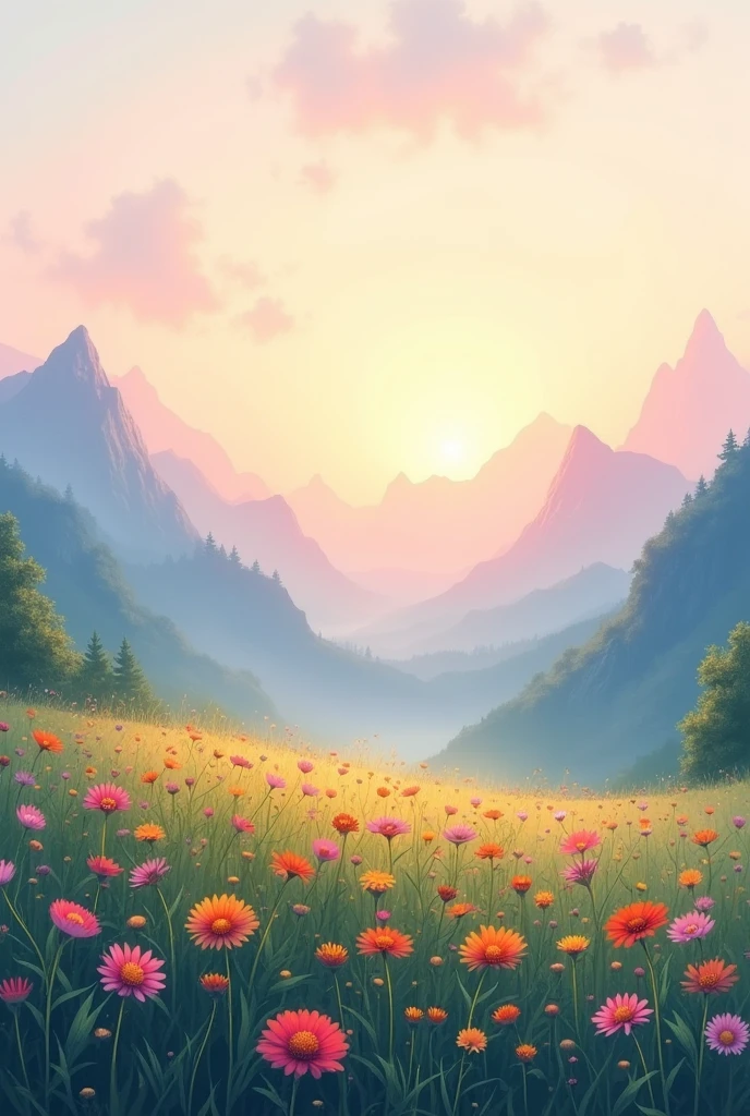 A serene landscape at dawn with a soft gradient sky of pink, orange, and blue. The scene features gentle mountains covered in a light mist, with a field of wildflowers in the foreground. The overall atmosphere is peaceful and calm, perfect for overlaying text. The colors are soft and pastel, with a focus on tranquility and inspiration.