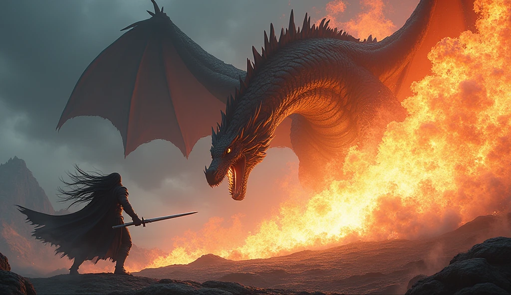 On a stormy mountaintop, Voltex faces a colossal, black-scaled dragon. His long black hair flows wildly in the fierce winds as he grips his dark sword tightly. The dragon roars, spewing fire, but Voltex dodges with supernatural speed, slashing through the air and unleashing "Shadow Eclipse," sending a wave of dark energy that cuts through the dragon’s fiery breath, striking its chest with a powerful explosion.