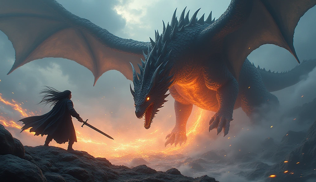 On a stormy mountaintop, Voltex faces a colossal, black-scaled dragon. His long black hair flows wildly in the fierce winds as he grips his dark sword tightly. The dragon roars, spewing fire, but Voltex dodges with supernatural speed, slashing through the air and unleashing "Shadow Eclipse," sending a wave of dark energy that cuts through the dragon’s fiery breath, striking its chest with a powerful explosion.