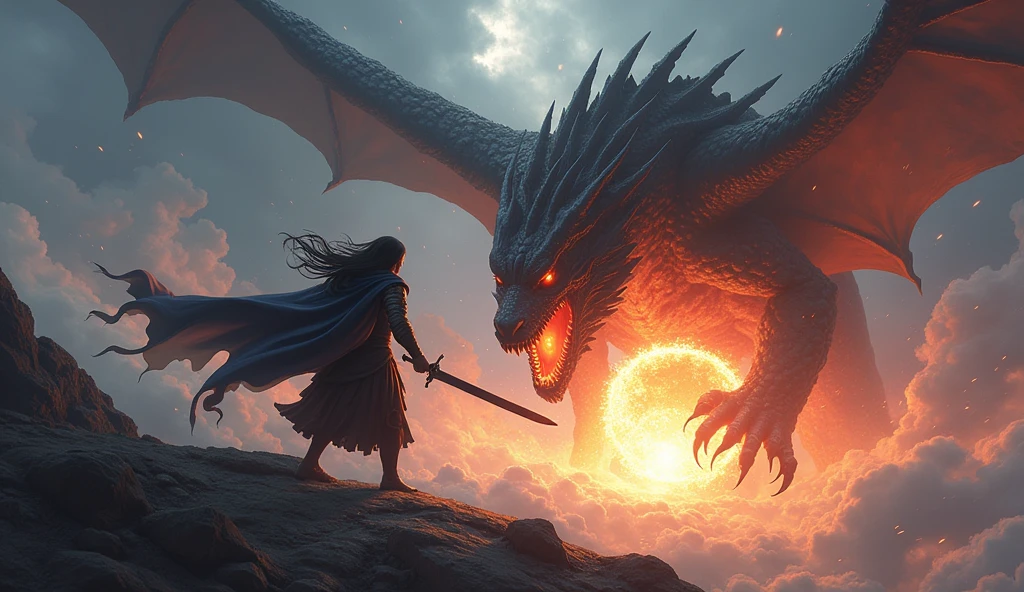 On a stormy mountaintop, Voltex faces a colossal, black-scaled dragon. His long black hair flows wildly in the fierce winds as he grips his dark sword tightly. The dragon roars, spewing fire, but Voltex dodges with supernatural speed, slashing through the air and unleashing "Shadow Eclipse," sending a wave of dark energy that cuts through the dragon’s fiery breath, striking its chest with a powerful explosion.