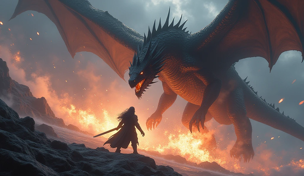 On a stormy mountaintop, Voltex faces a colossal, black-scaled dragon. His long black hair flows wildly in the fierce winds as he grips his dark sword tightly. The dragon roars, spewing fire, but Voltex dodges with supernatural speed, slashing through the air and unleashing "Shadow Eclipse," sending a wave of dark energy that cuts through the dragon’s fiery breath, striking its chest with a powerful explosion.