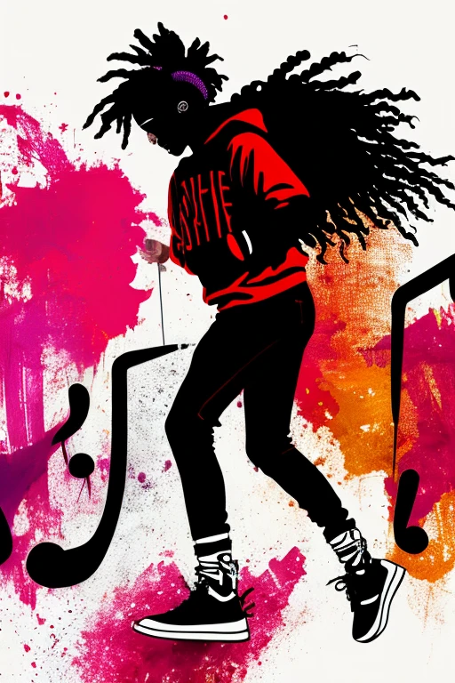 A background filled with scattered musical notes in various sizes and colors、
Creative logo illustration of a silhouette with dreadlocks and red headphones,
Banksy、
A background completely filled with scattered musical notes in various sizes and colors, covering the entire screen.
beautiful girl colorful image
Dance hiphop Dance CREW Waacking Dance
Punking
black medium hair black medium hair
Five fingers Baggy clothes Baggy clothes