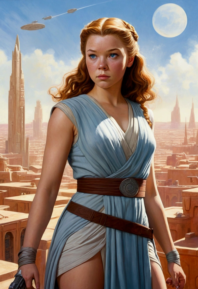 An illustrated movie poster, hand-drawn, full color, a teenage Jedi, 18-years-old, female, wearing a Sleeveless tunic, athletic hourglass figure, busty bosoms, full wide hips, massive round butt, long shapely legs, ridiculously thick powerful thighs, pale blue eyes, mousy brown hair, thick shaggy bangs, rosy sun-kissed complexion, freckles, resembles Margaery Tyrell, standing above Coruscant, graphite shading, stencil marks, airbrushed acrylic paint, masterpiece, in the style of Drew Struzan