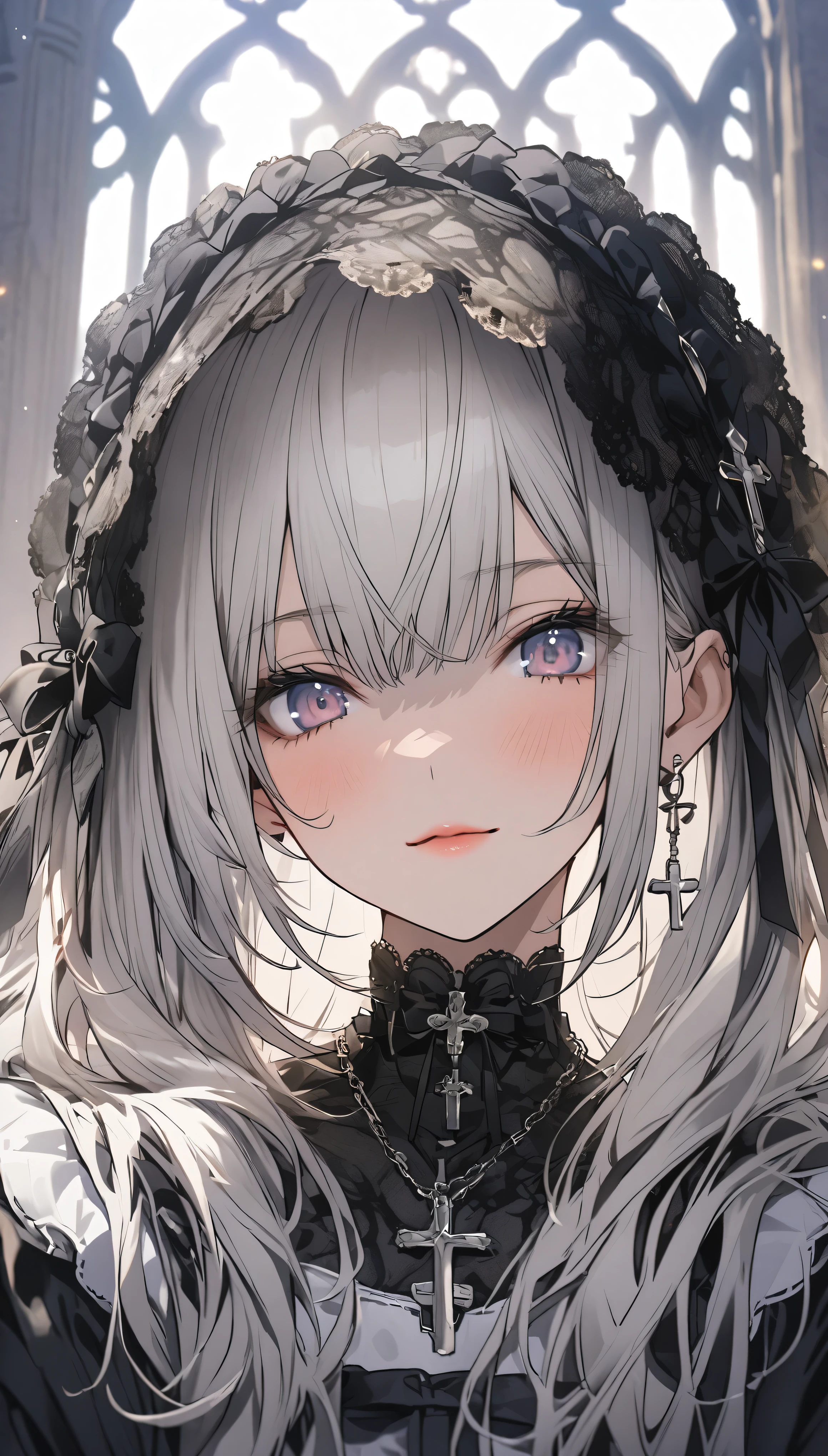 Beautiful girl with white hair,Black ta,Tulle lace hat,cross pendant,Standing in front of the church garden,Upper body close-up