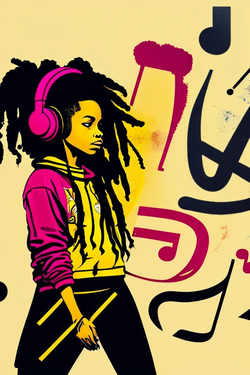 A background filled with scattered musical notes in various sizes and colors、
Creative logo illustration of a silhouette with dreadlocks and red headphones,
Banksy、
A background completely filled with scattered musical notes in various sizes and colors, covering the entire screen.
beautiful girl colorful image
Dance hiphop Dance CREW Waacking Dance
Punking
black medium hair black medium hair
Five fingers Baggy clothes Baggy clothes