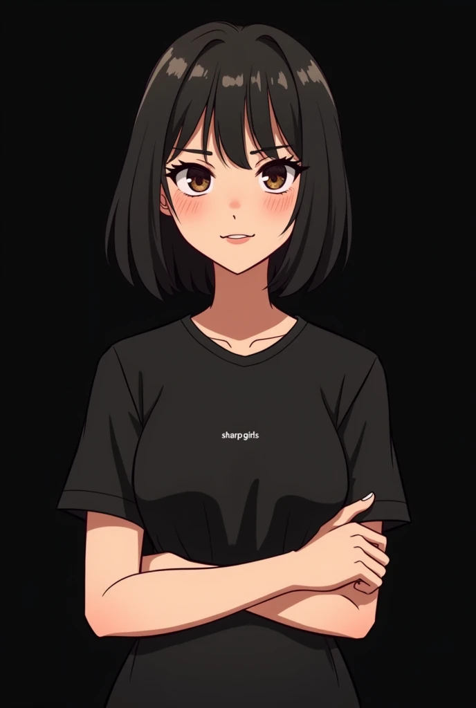 Cute female avatar, with black hair, freckles on the face, plain black sleeve t-shirt, and the name SHARP GIRLS in small on the side of the shirt on the chest, brown mouth, Crossed arms, avatar, black backdrop, cabelo liso curto