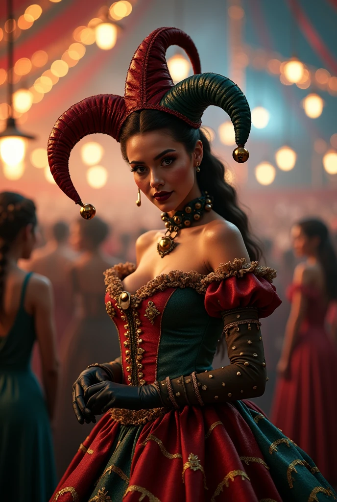 A SEXY FEMALE JESTER WEARING HER ICONIC JSESTER OUTFIT AND HAT AT THE CIRCUS CAPTIVATING THE LARGE AUDIENCE INSIDE THE MAIN TENT.INCREDIBLEY DETAILED AND TEXTURED IN FULL 8K HD RESOLUTION