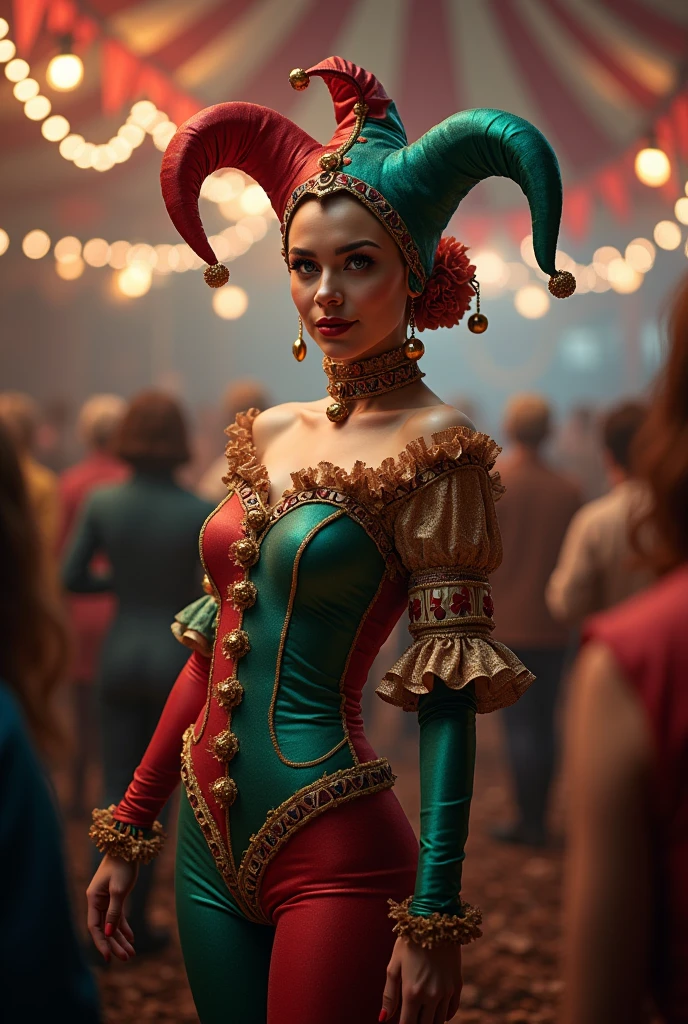 A SEXY FEMALE JESTER WEARING HER ICONIC JSESTER OUTFIT AND HAT AT THE CIRCUS CAPTIVATING THE LARGE AUDIENCE INSIDE THE MAIN TENT.INCREDIBLEY DETAILED AND TEXTURED IN FULL 8K HD RESOLUTION