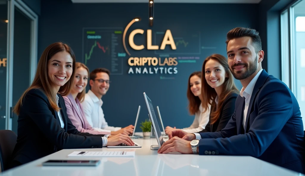 "Create an image of a team of analysts consisting of 6 people of different genders with a snow-white smile and an athletic build. They should have a confident and inviting expression on their face., they must be dressed in business attire. Design must convey professionalism, trust and innovation, and subtle elements of digital technology or blockchain in the background should highlight the company's technological focus. The overall look should be stylish., professional and attractive. The background is an office where employees sit and analyze cryptocurrency charts on their computers., on the walls there is the company logo 3 large letters CLA and a clearly readable inscription Cripto labs analytics» Waiting for the start