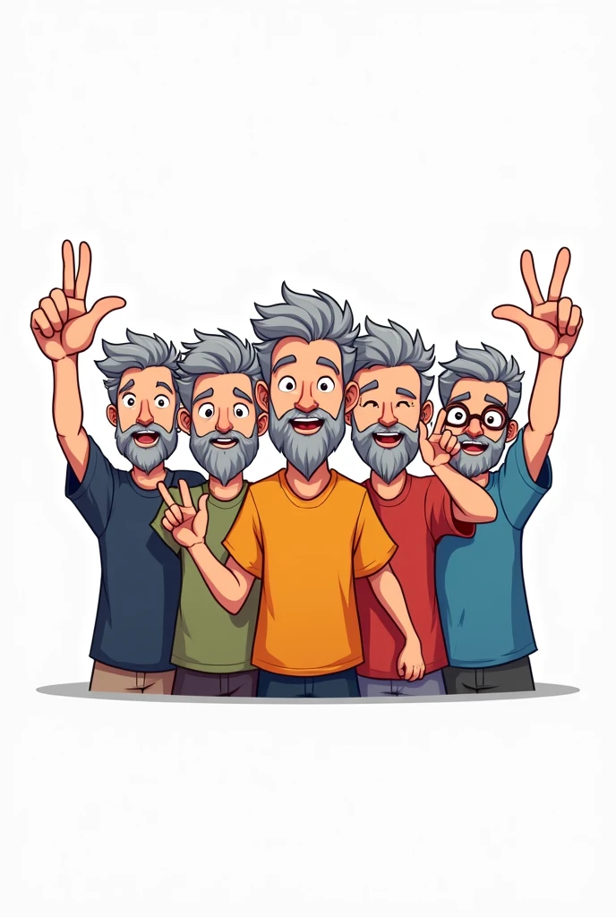 Create a 5 Man Cartoon Style Mascot Logo, hair grey, with a still youthful appearance, sem beard, making a hand signal "Dai", with a white background