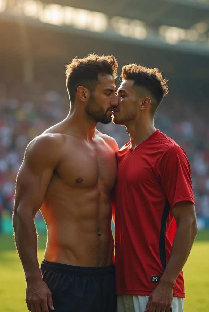 (photorealism:1.2), handsome muscular footbalist dad fucks his age son horny