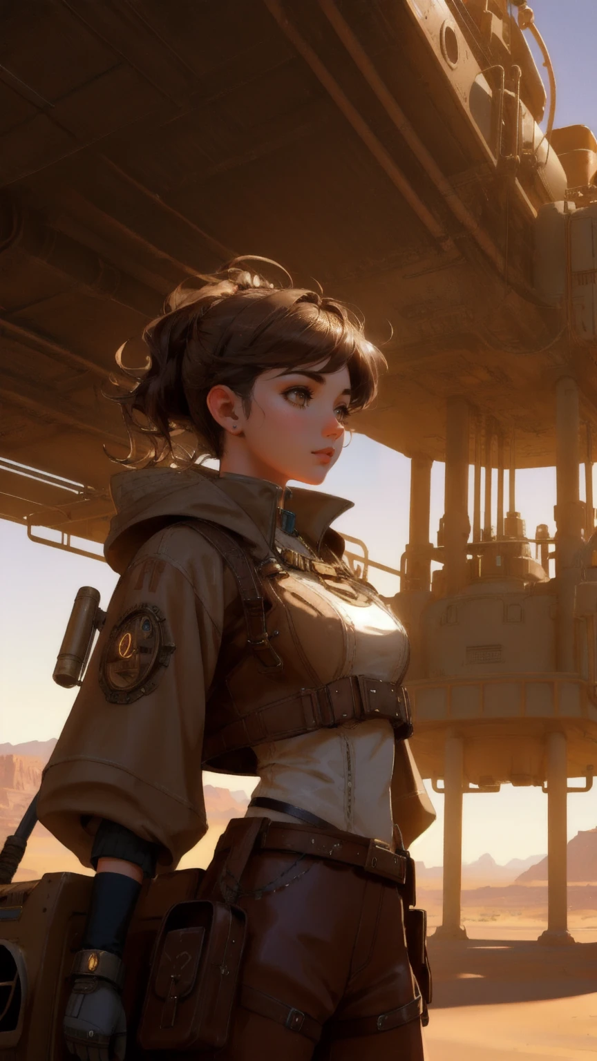 A beautifully designed, cute girl character in a steampunk-style outfit, operating a GM Generator in a desert-like landscape with brown, arid mountains in the background. The generator emits countless floating 'GM' letters into the air, creating a surreal, almost magical atmosphere. The brown-toned environment enhances the mechanical details and retro-futuristic elements, making the scene both whimsical and industrial.