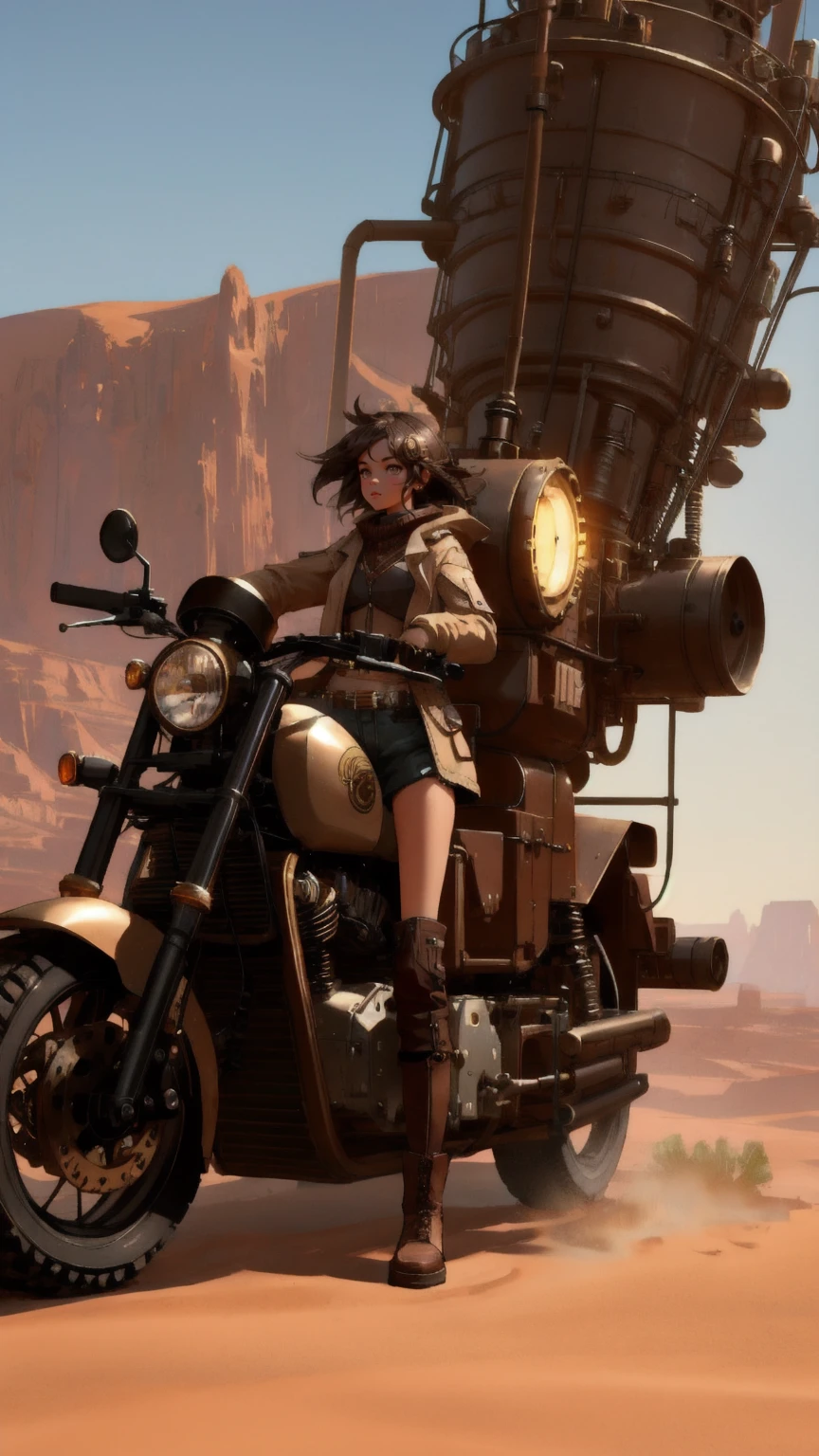 A beautifully designed, cute girl character in a steampunk-style outfit, operating a GM Generator in a desert-like landscape with brown, arid mountains in the background. The generator emits countless floating 'GM' letters into the air, creating a surreal, almost magical atmosphere. The brown-toned environment enhances the mechanical details and retro-futuristic elements, making the scene both whimsical and industrial.