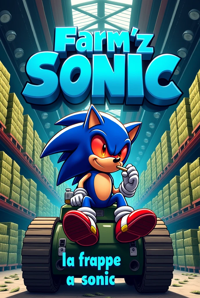 grand entrepôt avec des cargaisons de weed dans le fond avec une grande pancarte en haut ou il y'a ecrit Farm'z Sonic en bleu et il y'a sonic avec les yeux rouge qui fume un joint assis sur un tank et il y'a ecrit sur le bas du tank en bleu La frappe a sonic en cartoon