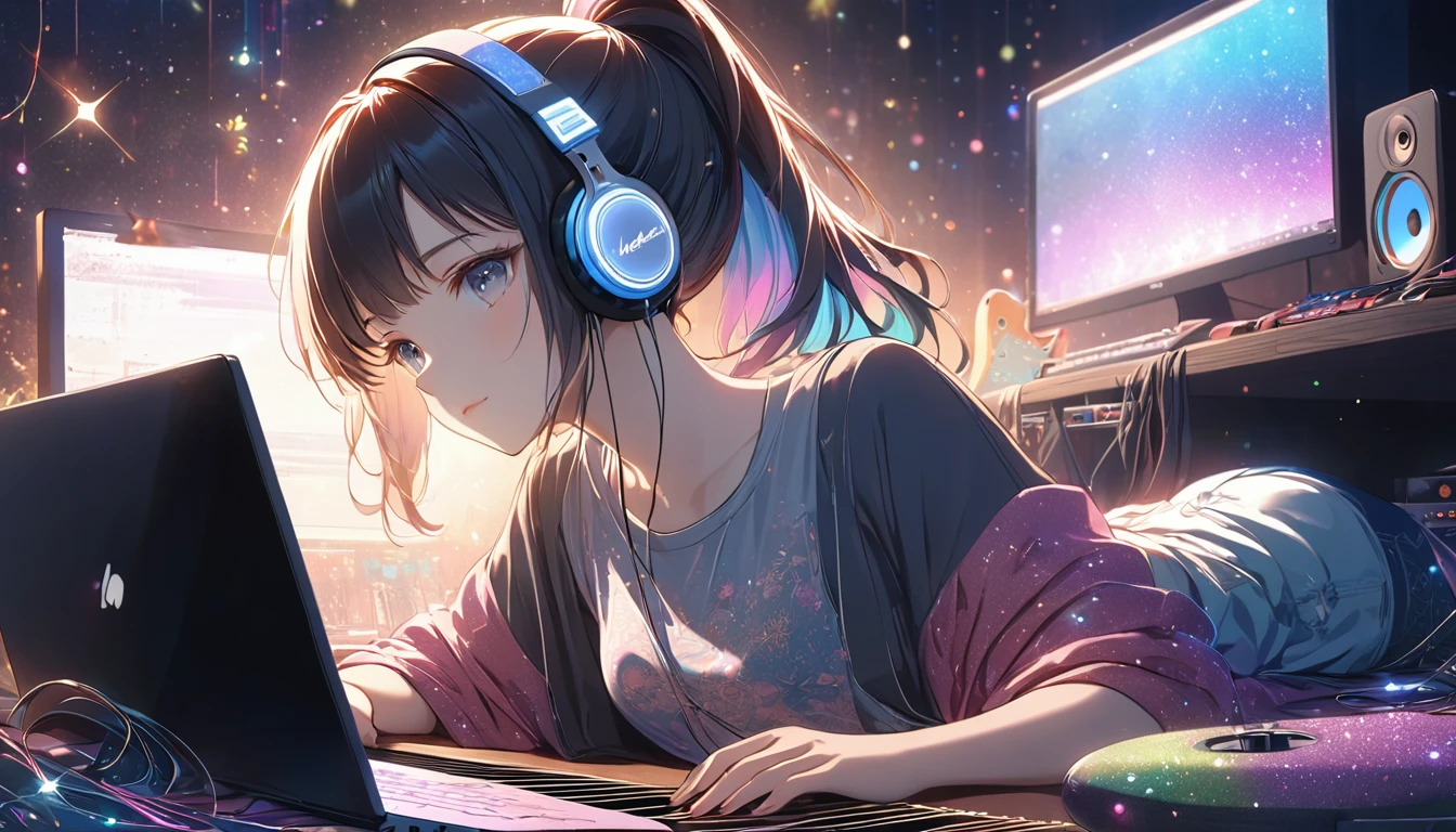Highest quality, Intricate details, Very delicate, so beautiful, Highest quality, High Qualite, Very beautiful face, kindness, 超detailed hair, thin, cute, Perfectly symmetrical face, Upper body rest (Beautiful colors,detailed,Highest quality,Great quality,so beautiful),Lighting particles, Casual Fashion, Headphones,computer, guitar, Glitter, ponytail, Anime Style 4 k, art wallpaper 8k, LOFI Girl, 4K anime atmosphere, Lo-fi art style, Anime Style, 8k