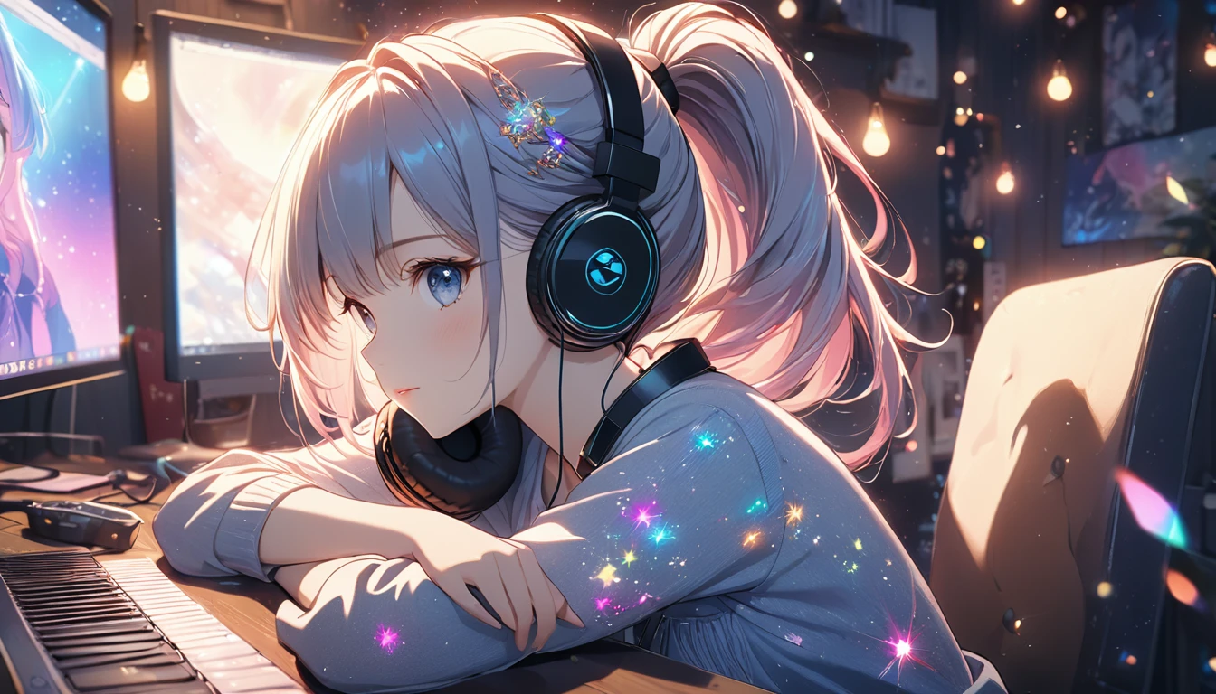 Highest quality, Intricate details, Very delicate, so beautiful, Highest quality, High Qualite, Very beautiful face, kindness, 超detailed hair, thin, cute, Perfectly symmetrical face, Upper body rest (Beautiful colors,detailed,Highest quality,Great quality,so beautiful),Lighting particles, Casual Fashion, Headphones,computer, guitar, Glitter, ponytail, Anime Style 4 k, art wallpaper 8k, LOFI Girl, 4K anime atmosphere, Lo-fi art style, Anime Style, 8k