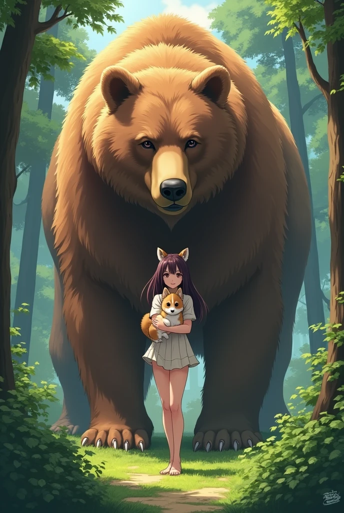 a giant brown bear protects a beautiful and sexy anime woman in the woods. The woman is holding a small corgi dog.