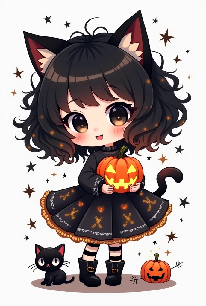 "Illustrate a chibi girl with large, dark eyes and pale skin. She has voluminous, curly black hair filled with tiny glowing lights and small kittens peeking out. She wears an oversized dress with intricate patterns, black-and-white striped stockings, and black boots. Cat ears peek through her hair. In one hand, she holds a glowing jack-o'-lantern, and a small black kitten sits by her feet. The scene is set against a white background, with black stars and magical sparkles floating around her, creating a whimsical and enchanting Halloween vibe."