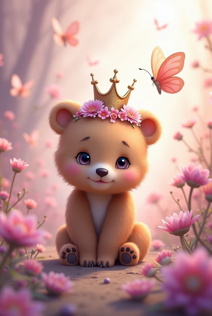 Little bear with a princess crown and delicate flowers and butterflies in pink and lilac tones