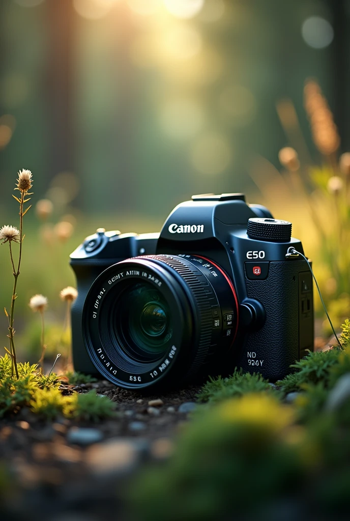 Canon eos r50 camera, realistic logo, drawn in color, nature background, cinematic lighting