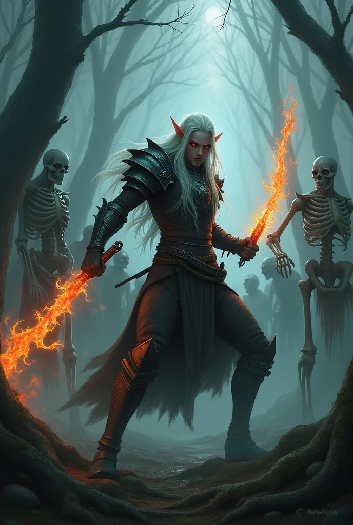 Create a dark fantasy scene in a misty, eerie forest. In the foreground, depict an elf warrior with pale skin, pointed ears, and long white hair, dressed in dark armor holding a chain weapon, The elf is in mid-action, swinging two flaming chains glowing orange at their ends towards skeletal enemies. The elf's red eyes are intense, and their posture is aggressive, showing focus and power. The background shows more skeletons emerging from the shadows of the dense forest, adding to the sense of danger and tension. The overall mood should be dark and menacing, with a strong contrast between the fiery chains and the misty, shadowy forest.