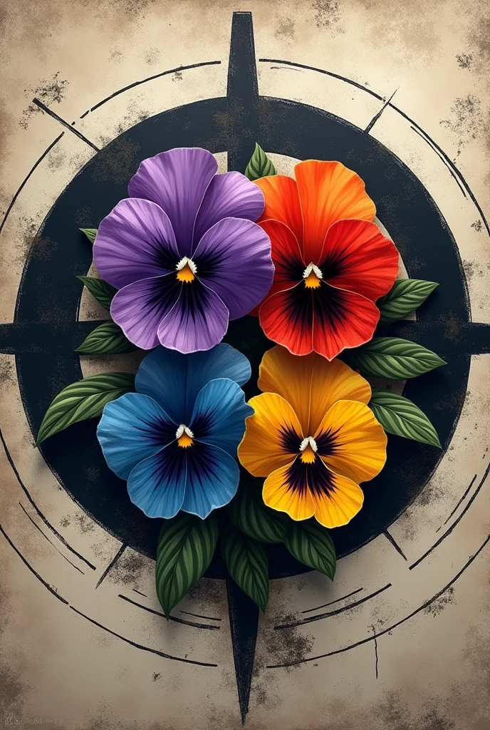 Create an aggressive military badge featuring four wild pansies at the center, each with a different color. The design should include a target in the background, making the pansies look fierce and intimidating.