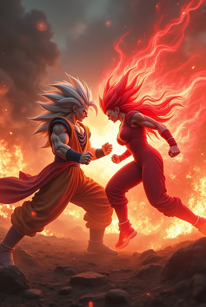 Goku Ultra Instinct vs Scarlet Witch, both are angry on the battlefield with fire all around
