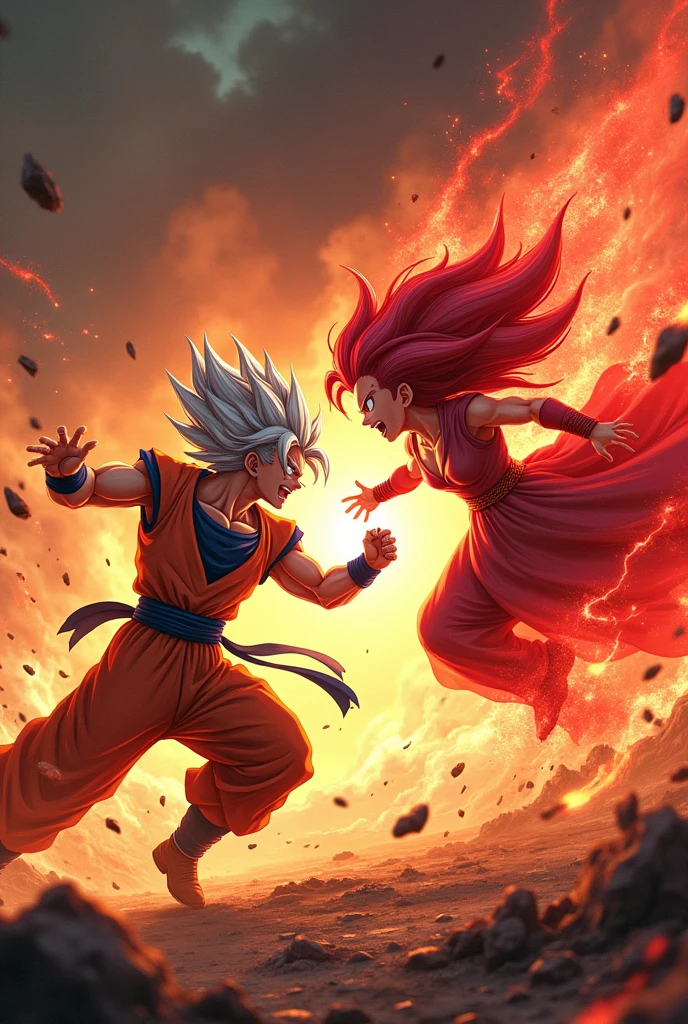 Goku Ultra Instinct vs Scarlet Witch, both are angry on the battlefield with fire all around