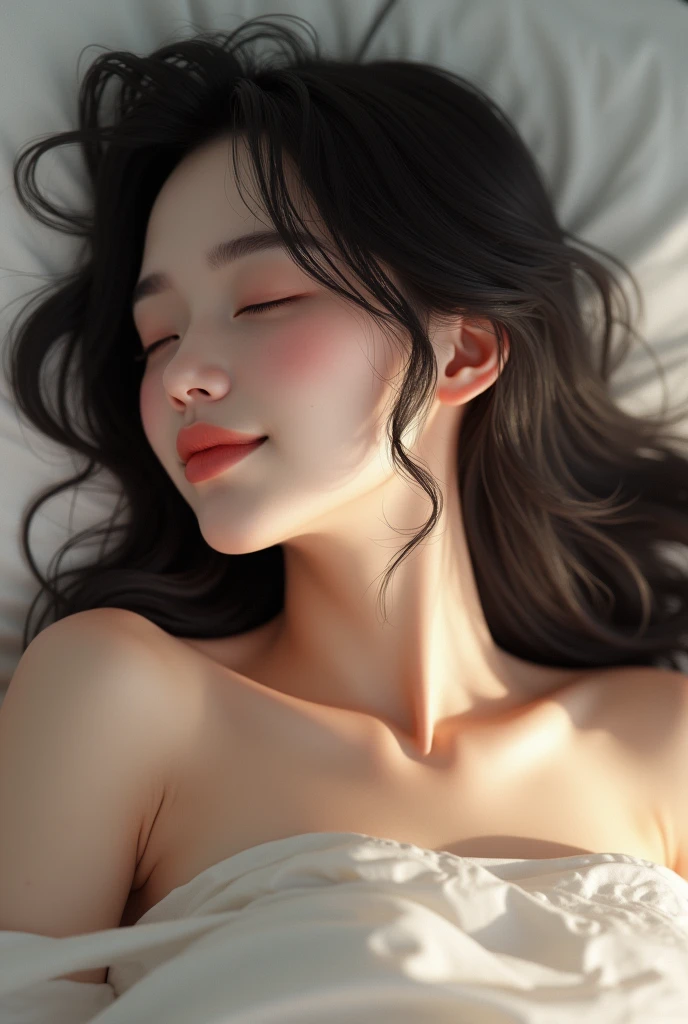 8k, (超Realistic: 1.35), (Realistic: 1.4), A beautiful Japanese woman, (((The best smile is released))),It depicts a woman sleeping with her legs spread apart and no blanket., Look up. Medium-long hair,Japanese women,