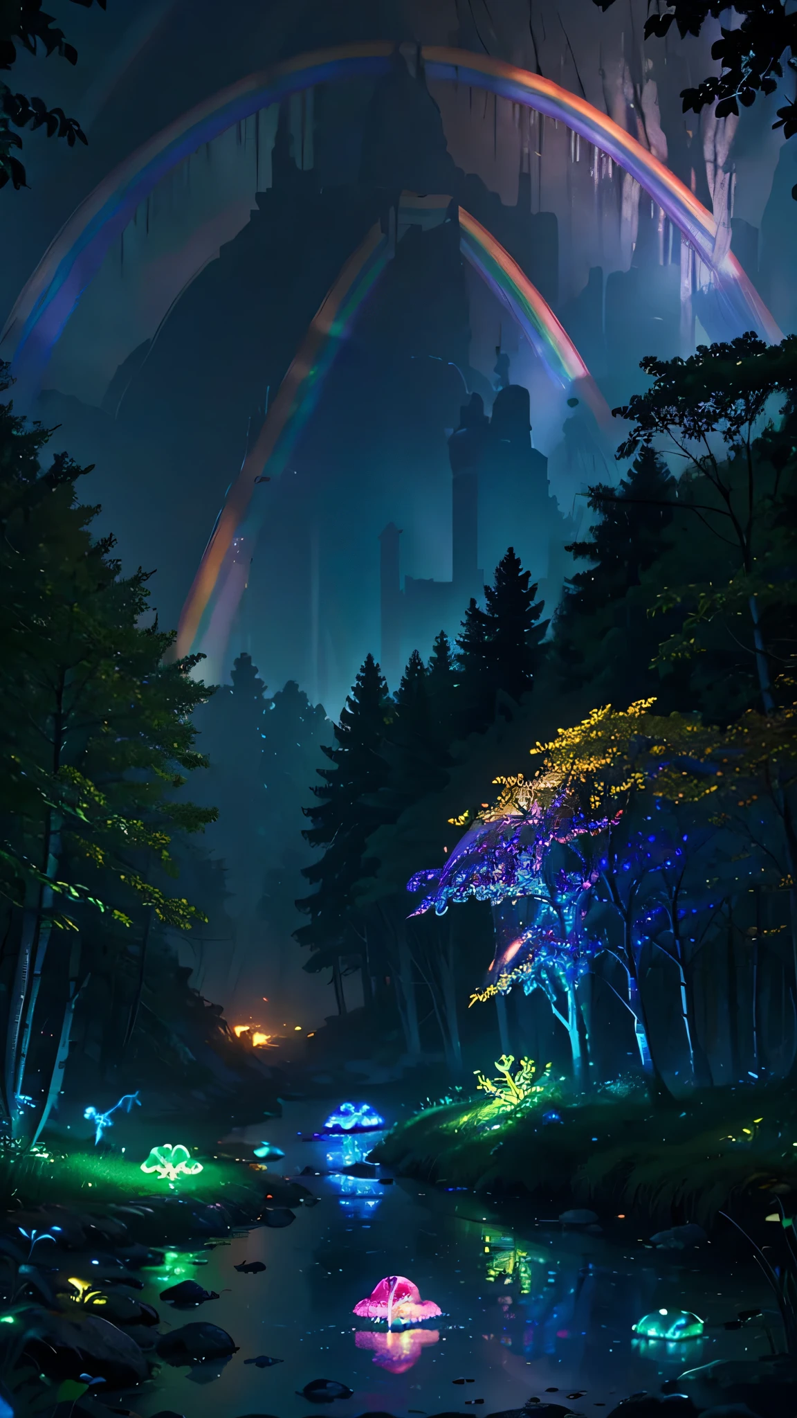 Enchanting Mysterious Forest, Neon colored butterflies, Pure blue water river fountain, Golden Mini Fairy, A glowing mushroom that releases pollen, extremely beautiful landscape, (Ultra-realistic), {Highly detailed 8k CG unit wallpaper}, expansive landscape photography, (Low perspective that prioritizes the entire scene, (A broad perspective), (Low angle shot), (highlight: 1.5), (Low Light: 1.0), (Warm light source: 1.0), Intricate details, (Rainbow-colored: 1.5), (Bright lighting), (Atmospheric lighting), nature, Magic, landscape