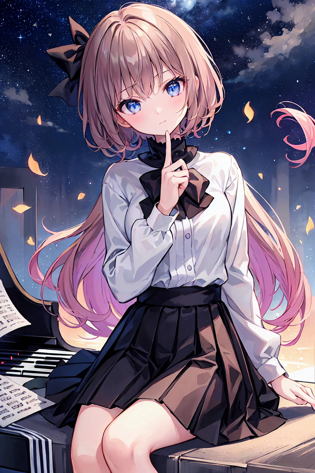 (8k, Highest quality, Tabletop:1.2)、Ultra-high resolution、1 1 Female、Detailed fingers、Tilt your head、Detailed face、Deep and detailed、Happy、Long sleeve uniform、Navy Skirt with Checkered Skirt、Twin Blade、solo、Detailed fingers、((Playing the Grand Piano)),School Music Room、sunset,Her captivating grey-blue eyes shine like stars,Brown Hair,Shortcuts,Messy Hair,Slender beauty,A dignified posture,Small chest,Beautiful feet