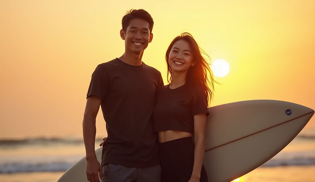 create A man and woman, asian face, (((holding board))). has a confident and happy expression on her face, with a slight smile and bright eyes.wearing wearing (((black surfer outfit))),  (((modest clothing))), (((long pants))), bakcground golden hour