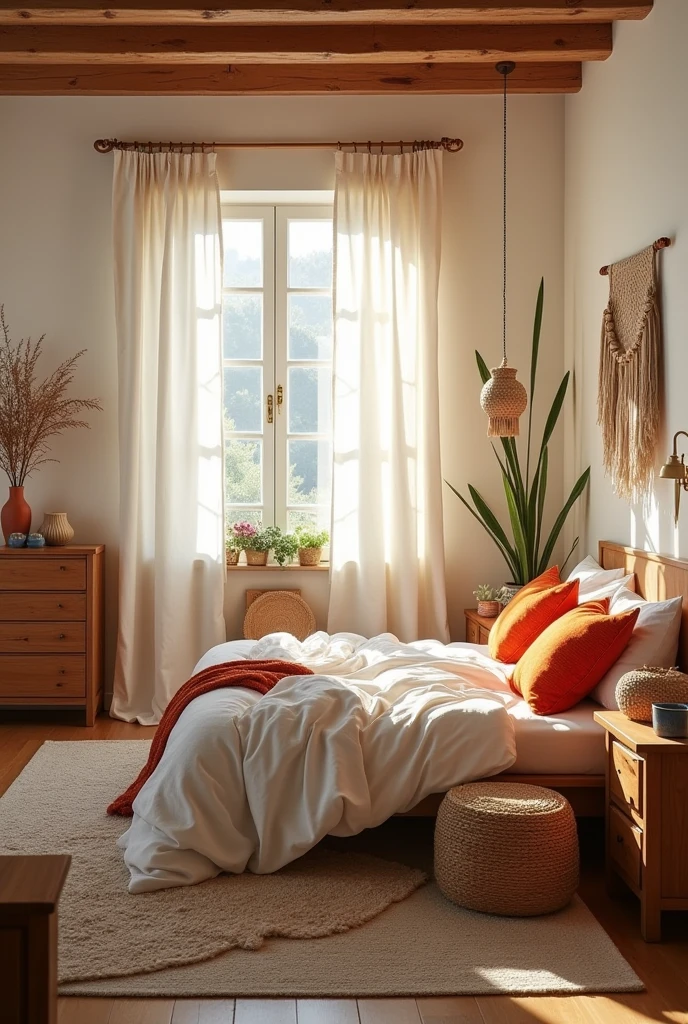 Well-lit boho chic style master bedroom, with decoration in shades of blue, terracotta, offwhite, Wood, off white and touches of orange bedding