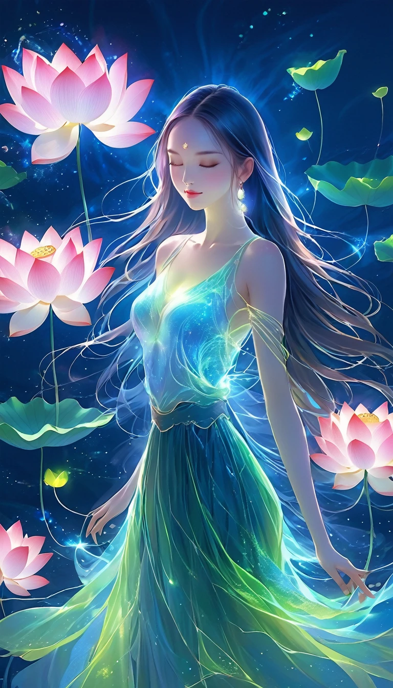 (masterpiece, best quality:1.2), Digital Art Style, Charming illustrations,Peace Pictures,1 girl, A lotus,Solitary,Hands together,Flowing long hair,Body Glow,Long skirt,glowing lines,Fluorescence,Glow Example,Sample trace,flash,萤Light Particles,Backlight,translucent,Light Particles,Correct human anatomy,