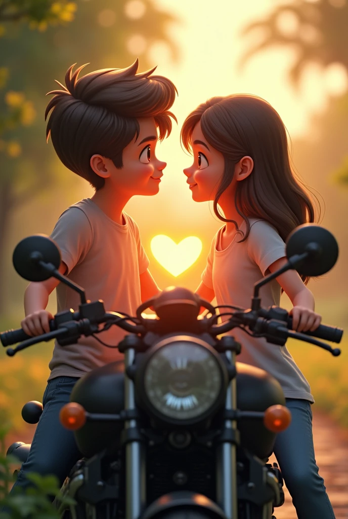 A boy and a girl are sitting on the bike called NS 200.He conveys his love to her. There should be a love in the middle and then the picture side view.meinaunreal