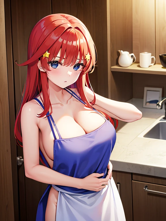 Shooting in the kitchen,Photograph the whole body,Nakano May, Itsuki Nakano, Bangs, Blue eyes, Hair between the eyes, A single hair on top of the head, Red Hair,Star O \(symbol\), Hair Ornaments, Star Hair Ornament,Big Breasts,Cleavage,Naked Apron,白のNaked Apron