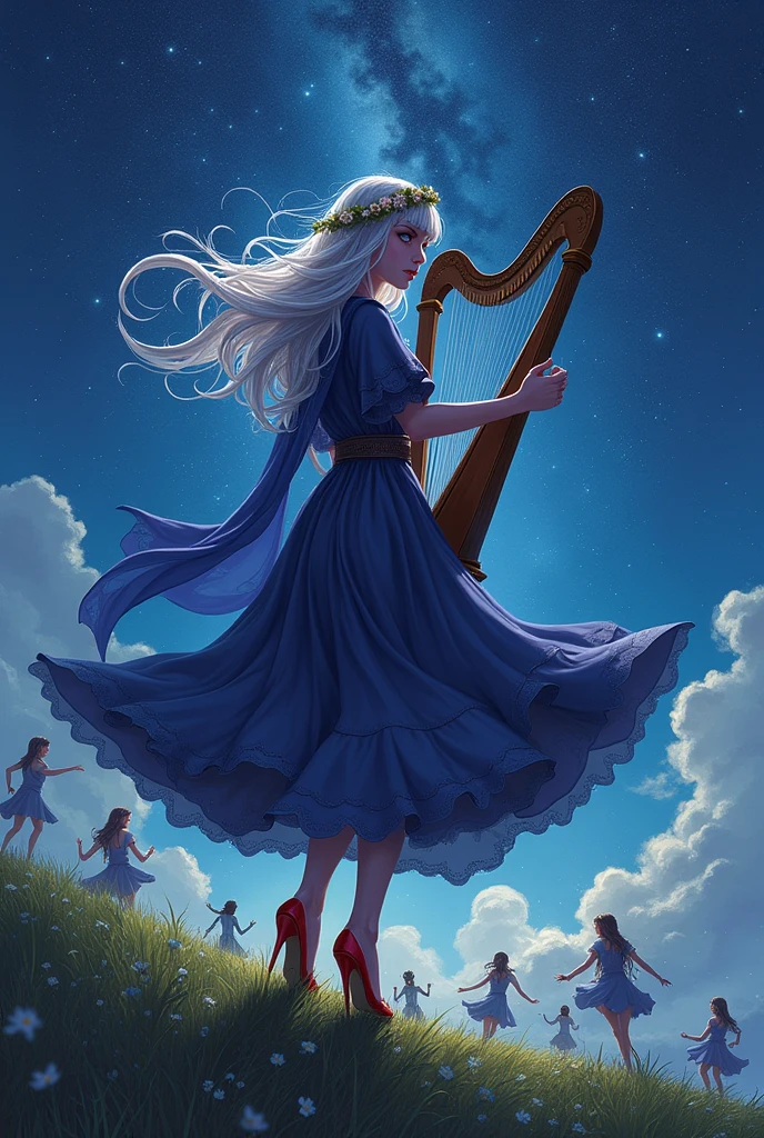 (Ultra-detailed face, looking away, Fantasy Illustration with Gothic, Ukiyo-e, Comic Art, Rich colors, Starry Sky), 
BREAK 
(A female dark elf bard dances and jumps in daring poses, holding a harp and playing it as she twirls around and around on the hilltop.), 
BREAK 
(Here, on a grass-covered hill in the middle of the night in early summer, under a starry sky with the Milky Way twinkling, many elves are hopping, dancing, and singing around the bard.), 
BREAK 
(Elves: A young-aged female dark elf bard has long, messy silver hair, blunt bangs, dark purple skin, and lavender eyes.), 
BREAK 
(Elves: A dark elf female bard wears a floral crown, a sapphire silk cape dress with lace and embroidery, and red sandals.)