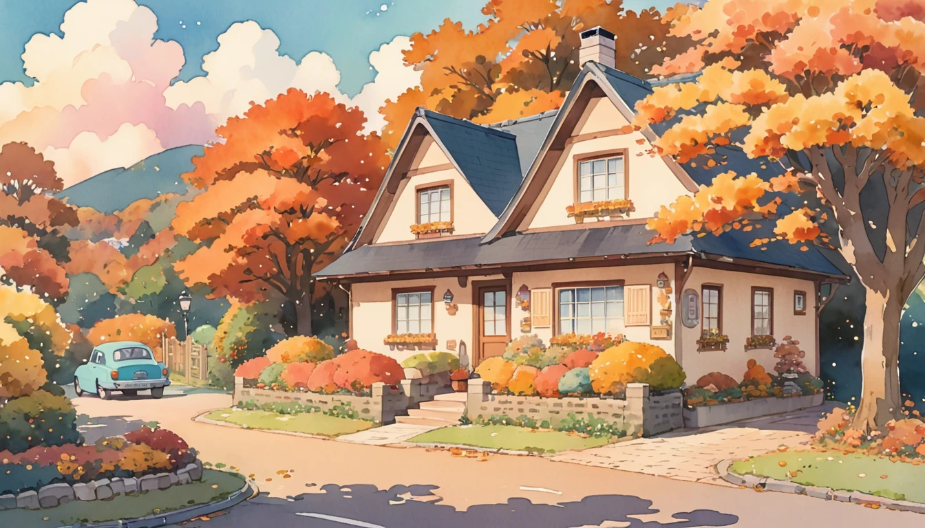 Cozy autumn aesthetic fall,Studio ghibli inspired,Watercolor,Kawaii cottage,no people,Lofi,Cute