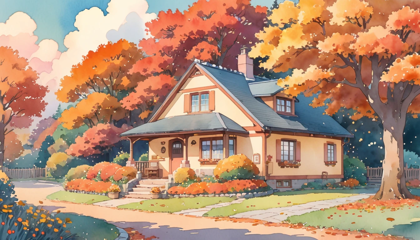 Cozy autumn aesthetic fall,Studio ghibli inspired,Watercolor,Kawaii cottage,no people,Lofi,Cute