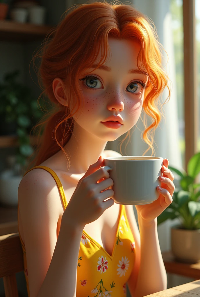 1girl in, age13, Solo, Aesthetic artwork, irish redhead, wavy ginger hair, shoulder length ginger hair, gray eyes, light grey eyes, some small freckles, pale skin, A-cup, small breasts, runners body, (textured skin, skin pores:1.1), (moles:0.8), imperfect skin, goosebumps, sitting down having coffee, drinking coffee, (extremely detailed 8k wallpaper), soft lighting, high quality, film grain, Fujifilm XT3 sharp focus, f 5.6, 50mm, High Detail, Sharp focus,(natural light), in a yellow colored dress. A yellow sundress, floral pattern sundress, crazy details, complex details, hyperdetailed, nsfw