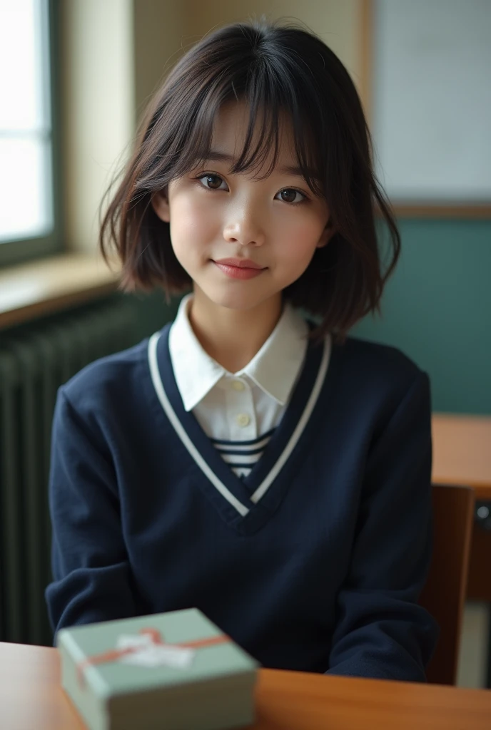 Highest quality, Face Focus, Soft Light, Ultra-high resolution, (Realistic:1.4), RAW Photos, 1 Japan, alone, cute, (A shy smile:0.5), (Brown eyes, Light in your eyes), Beautiful face in every detail, (Small box),(High resolution detail of human skin texture), (Short Bob Hair), break, In the classroom,Navy uniform, Best, skirt