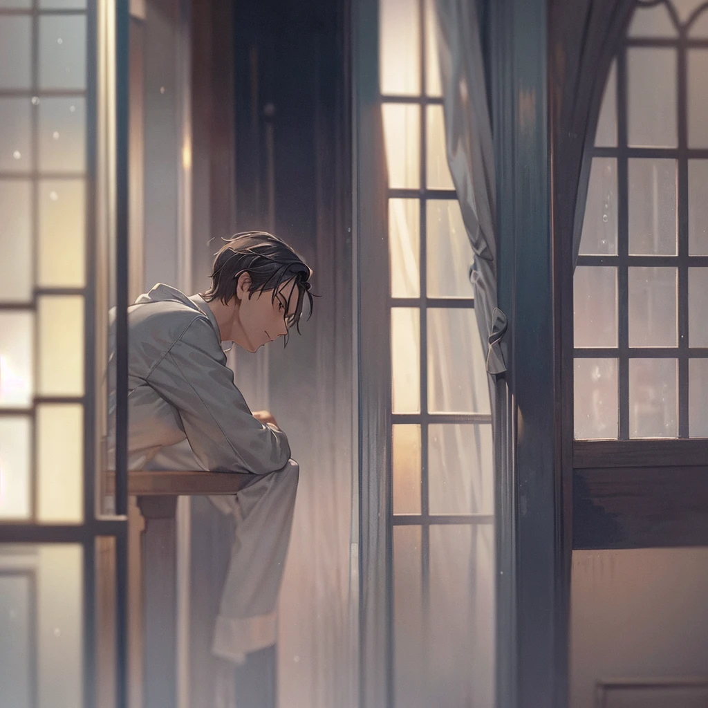 [Opening shot]: The sound of rain gently pattering against the window of a cozy, dimly lit café. Inside, the camera pans to a young man, Alex, sitting alone at a table by the window, sipping a cup of coffee. He seems lost in thought, occasionally glancing at the door.[Cut to the door opening]: A second man, Jamie, enters the café, shaking off the rain from his coat. He spots Alex, and a small, almost nervous smile appears on his face.[They exchange glances]: For a moment, time seems to pause. The café noise fades, and the focus is on their eyes meeting.