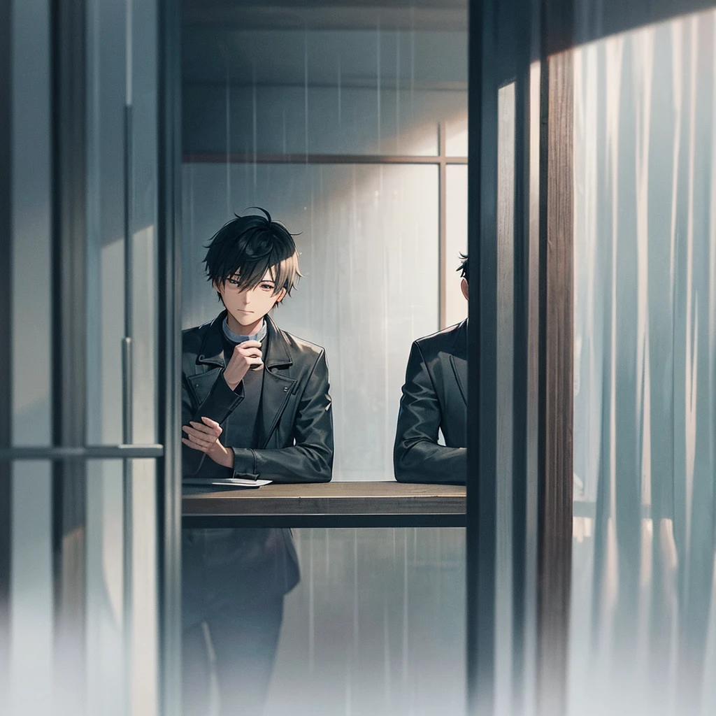 [Opening shot]: The sound of rain gently pattering against the window of a cozy, dimly lit café. Inside, the camera pans to a young man, Alex, sitting alone at a table by the window, sipping a cup of coffee. He seems lost in thought, occasionally glancing at the door.[Cut to the door opening]: A second man, Jamie, enters the café, shaking off the rain from his coat. He spots Alex, and a small, almost nervous smile appears on his face.[They exchange glances]: For a moment, time seems to pause. The café noise fades, and the focus is on their eyes meeting.