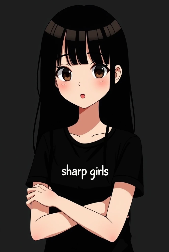 Cute female avatar,  with black hair, freckles on the face, plain black sleeve t-shirt, and the name SHARP GIRLS in small on the side of the shirt on the chest, brown mouth, Crossed arms, avatar, black backdrop,  cabelo liso partido no meio