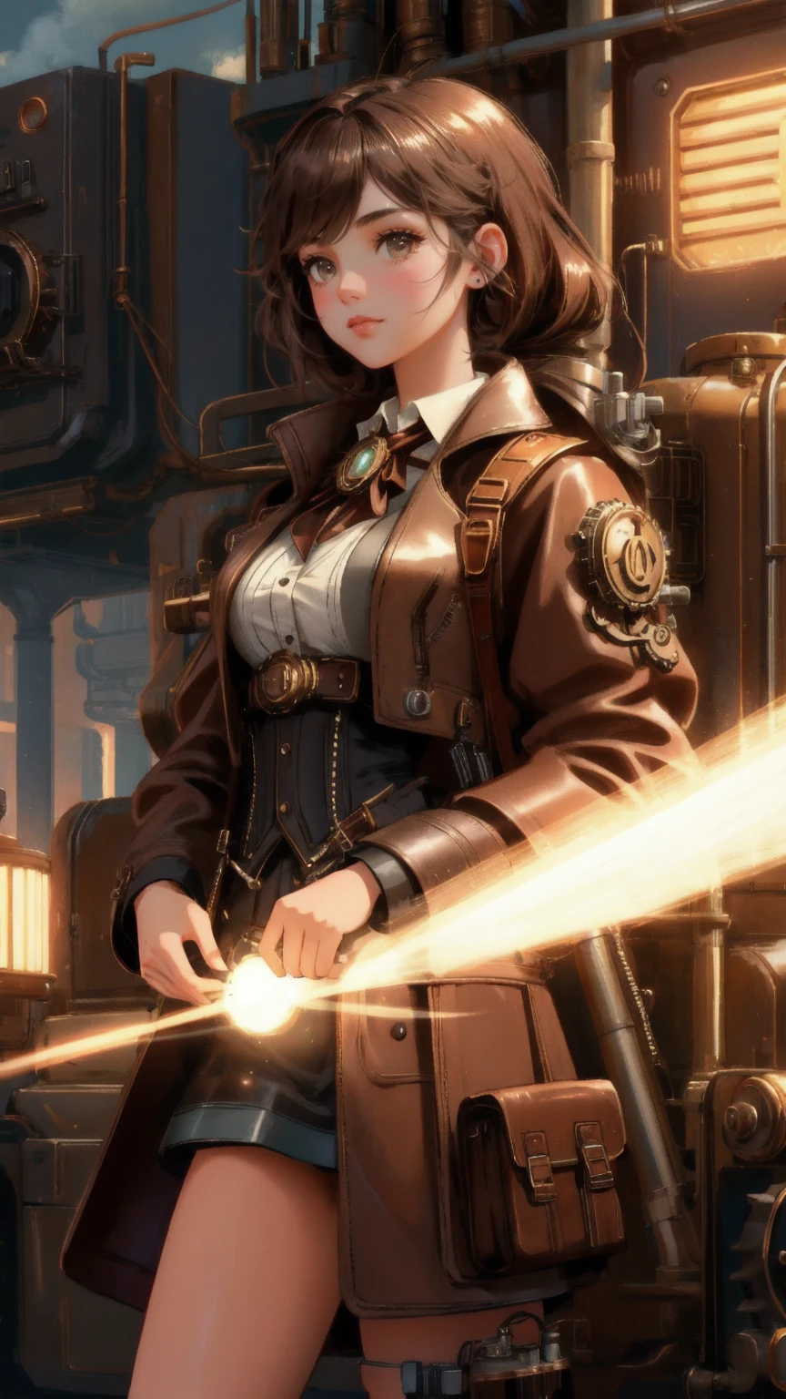 A cute, steampunk-inspired girl character operating a complex GM Generator in a brown-toned environment. The generator is emitting floating 'GM' letters that fill the air, creating a sense of energy and innovation. The background is a warm brown, enhancing the mechanical and industrial details of the scene, while the girl's outfit and surroundings blend seamlessly with the vintage, retro-futuristic aesthetic."